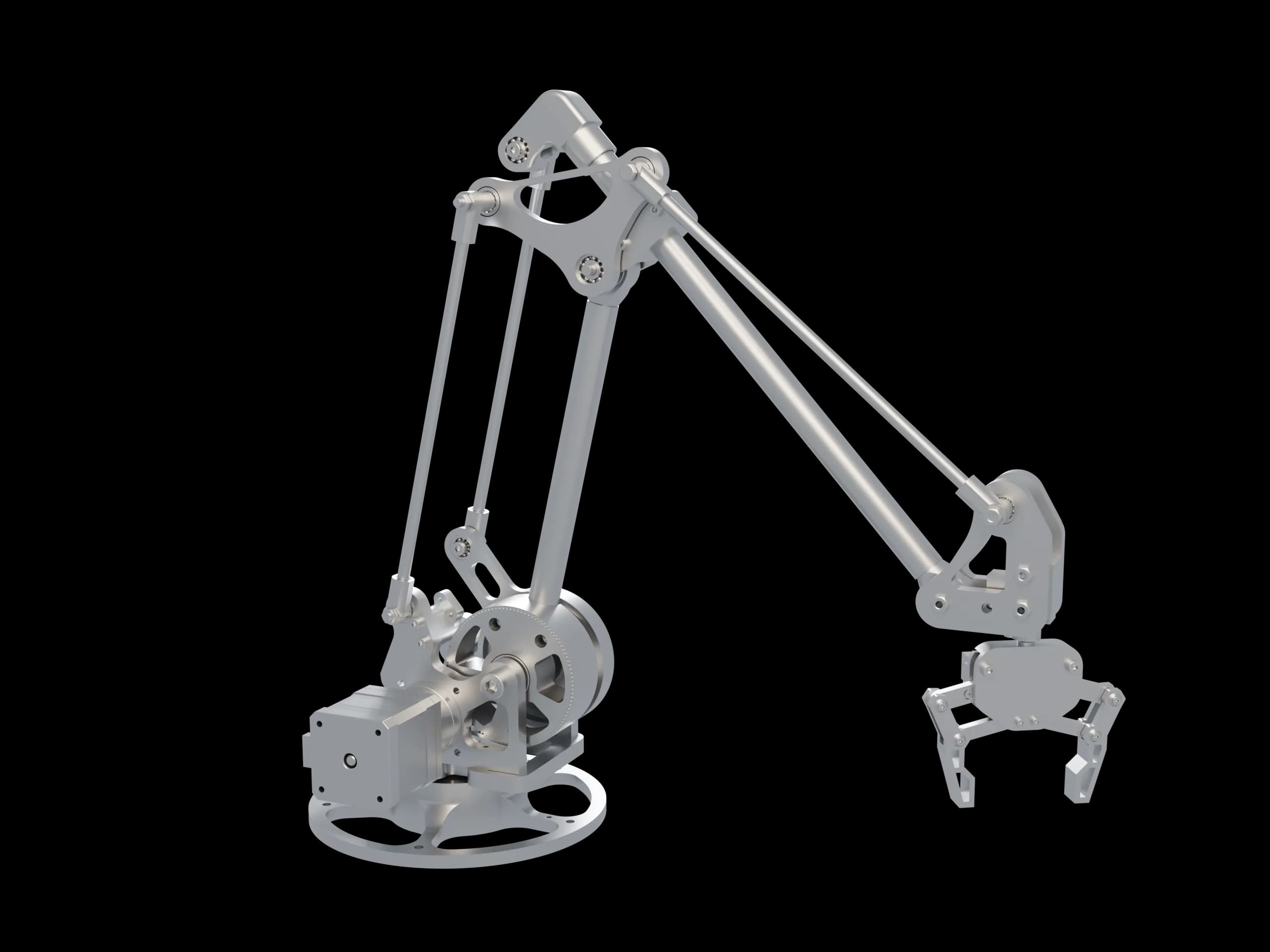 Lengan robot 4-DOF rancangan Voltra — linkage aluminium, motor stepper, dan gripper