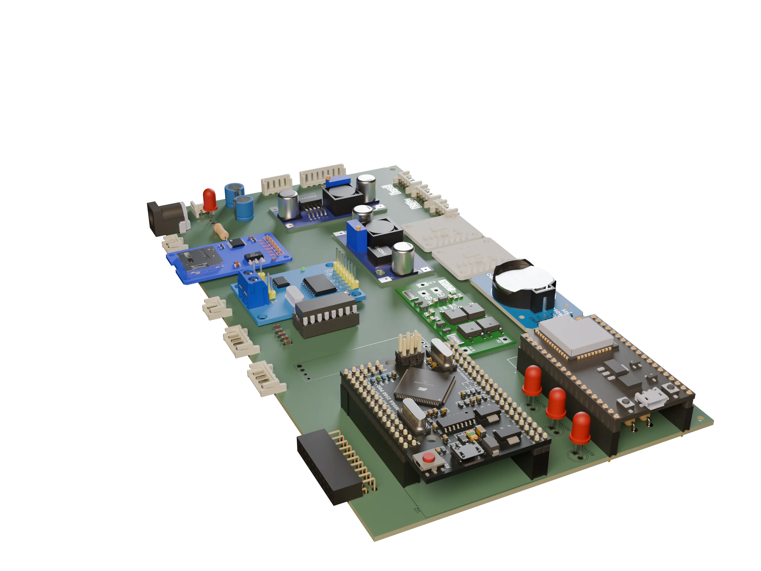 Papan kendali multi-modul rancangan Voltra — mikrokontroler, konektor JST, relay, dan modul daya